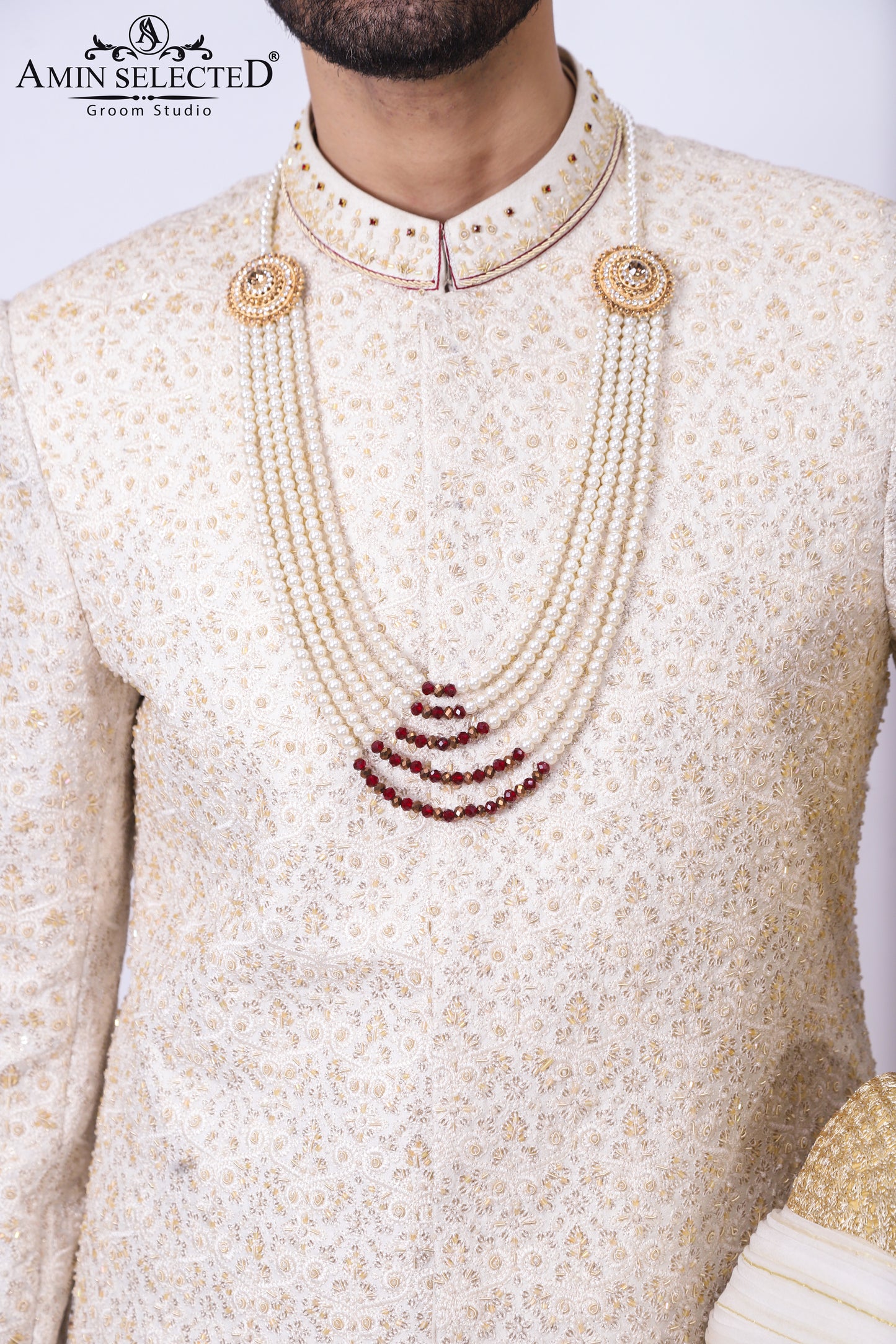 Premium Hand Work Golden Traditional Sherwani - Amin Selected