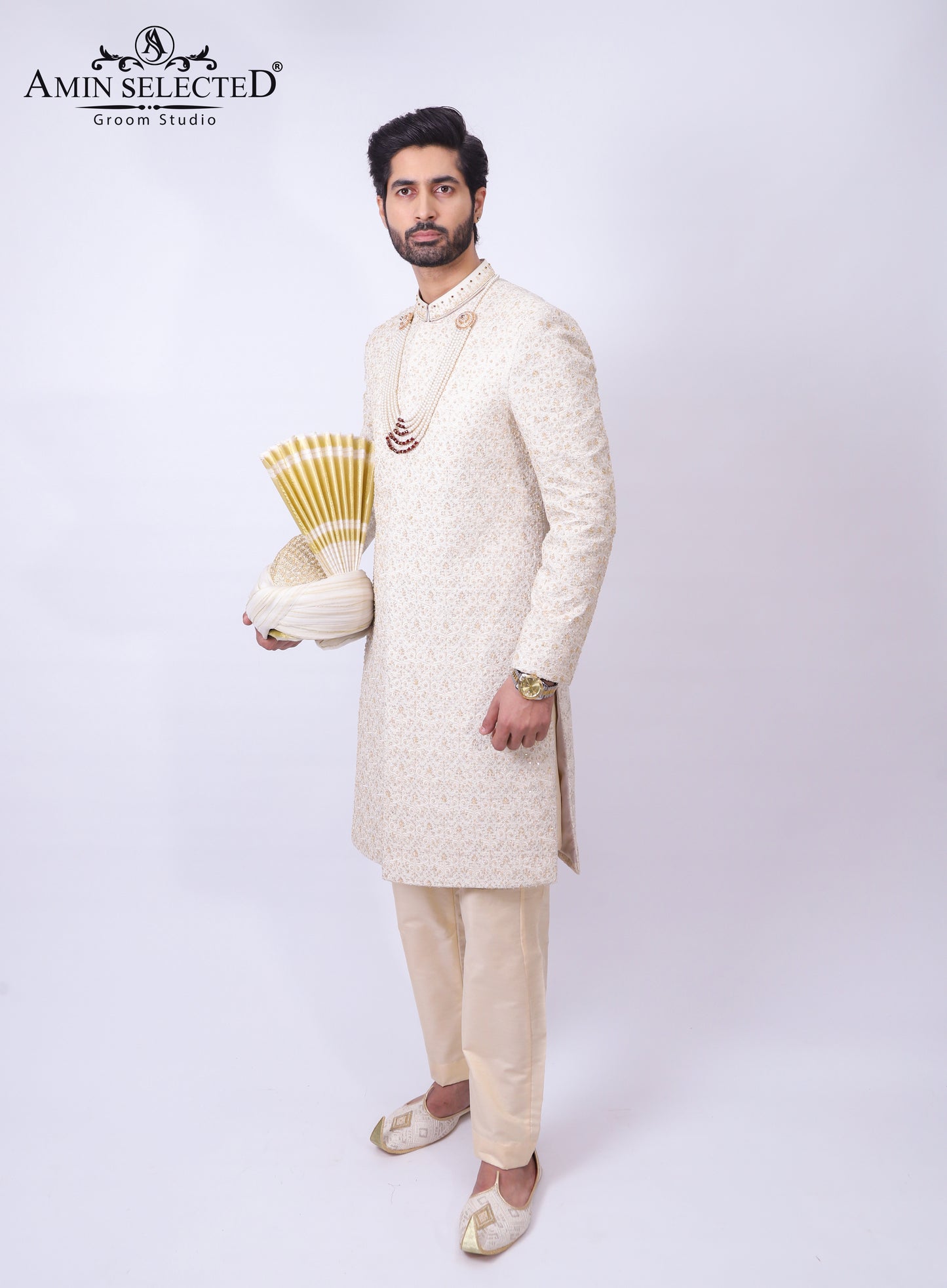 Premium Hand Work Golden Traditional Sherwani - Amin Selected