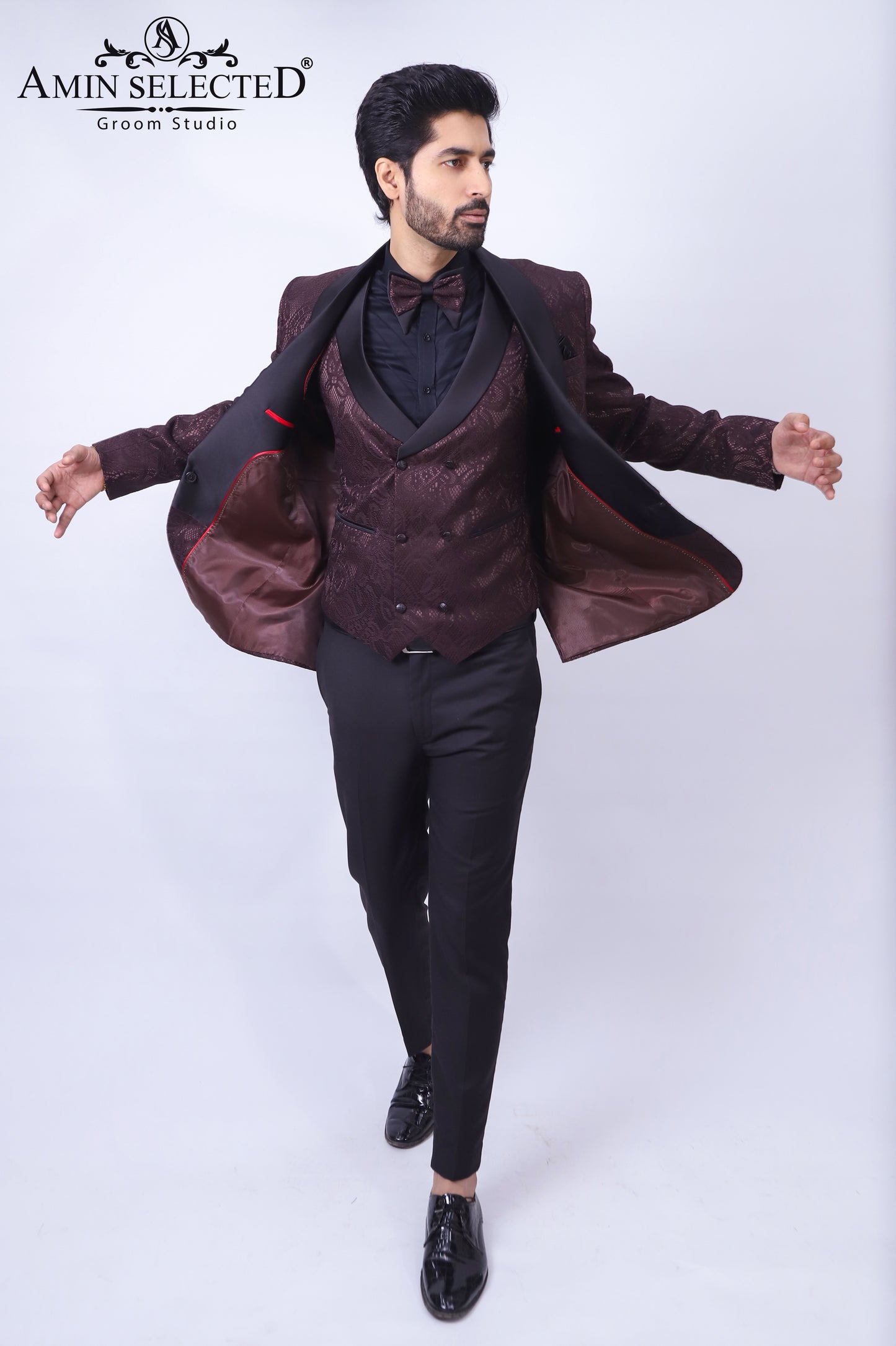 Maroon Tuxedos Embossed 3 Piece Suit - Amin Selected