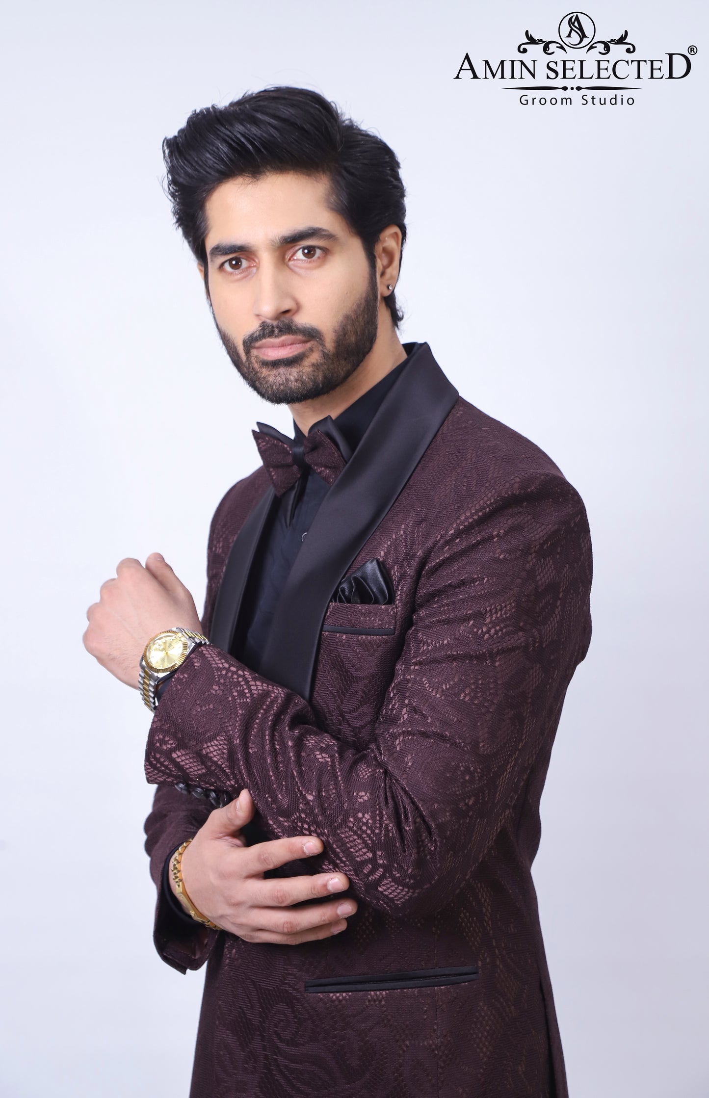 Maroon Tuxedos Embossed 3 Piece Suit - Amin Selected