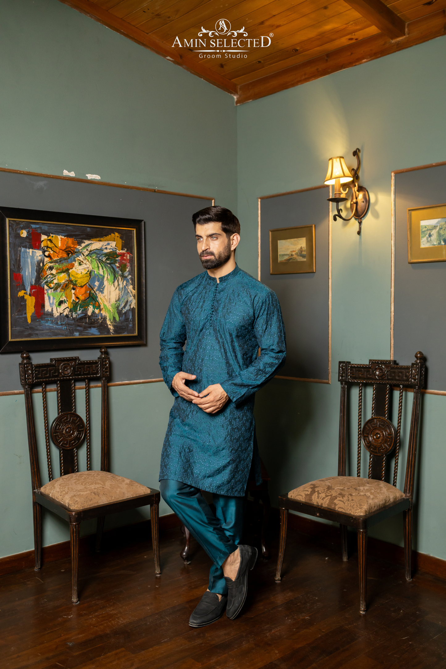 GH 03 PEACOCK BLUE EMBROIDERED KURTA PAJAMA - Amin Selected