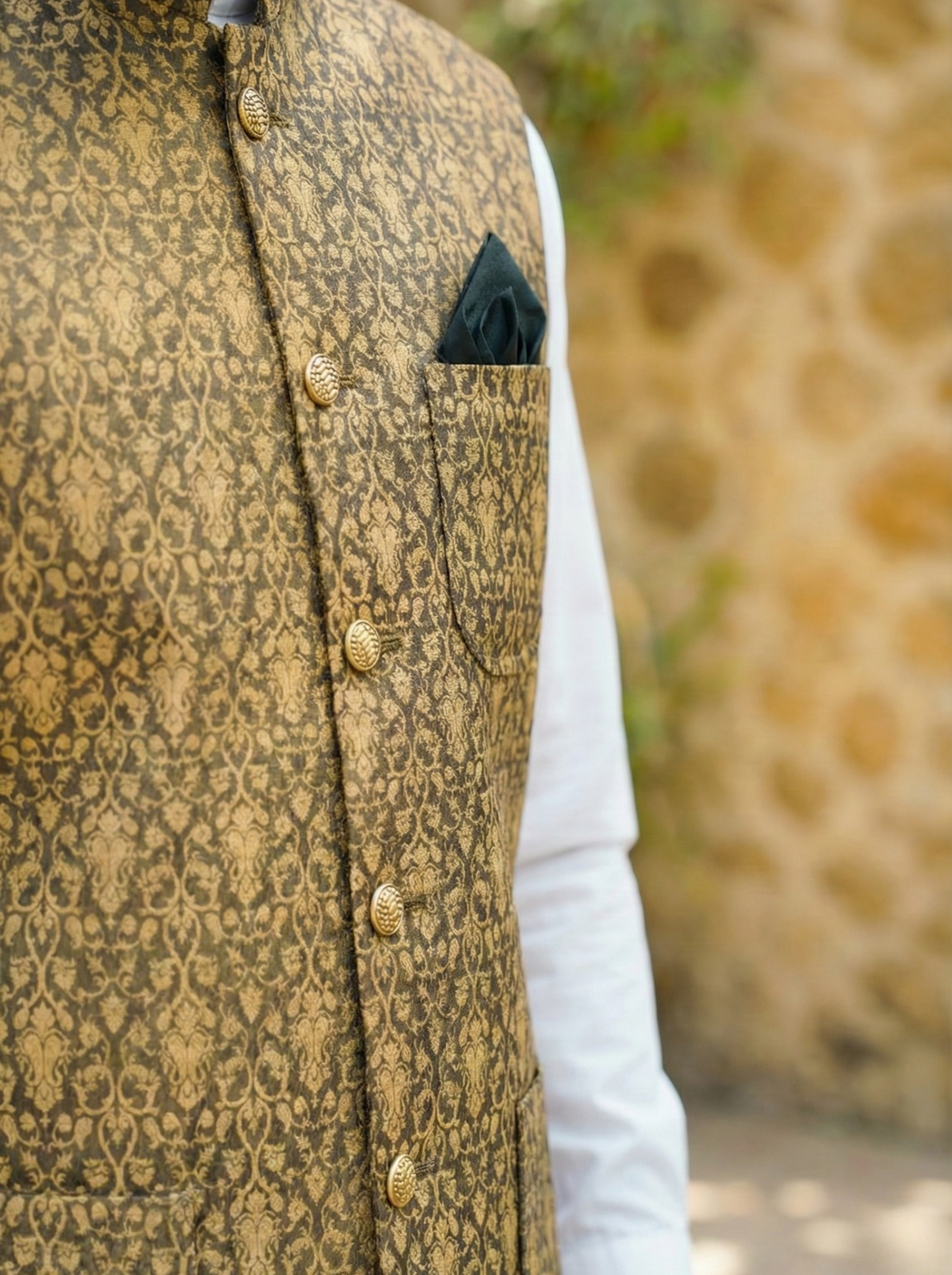 Brownish Golden Embroidered Waist Coat - Amin Selected