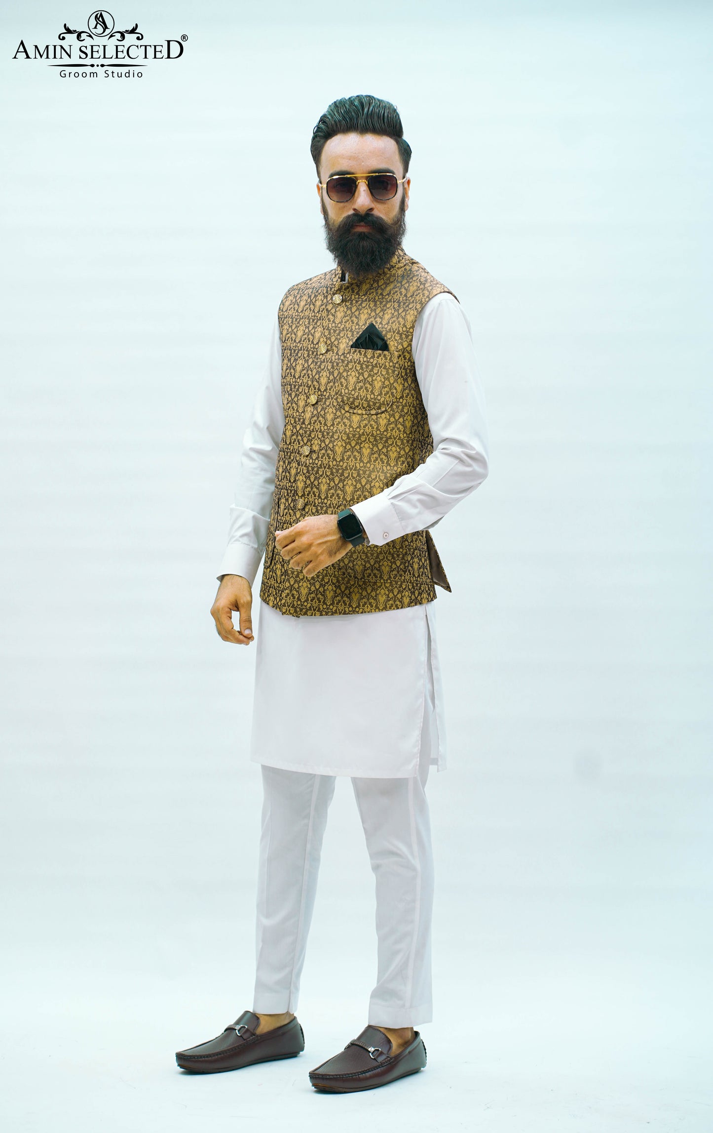 Brownish Golden Embroidered Waist Coat - Amin Selected