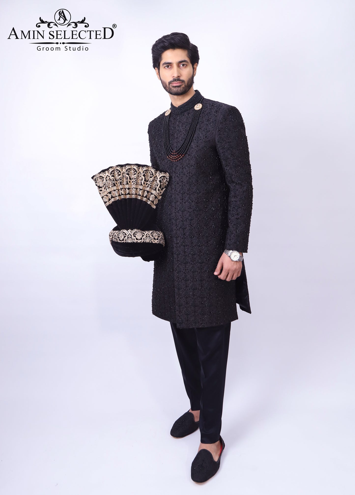 Black Embroidered Sherwani Jacket With Hand Touch For Men's - Amin Selected