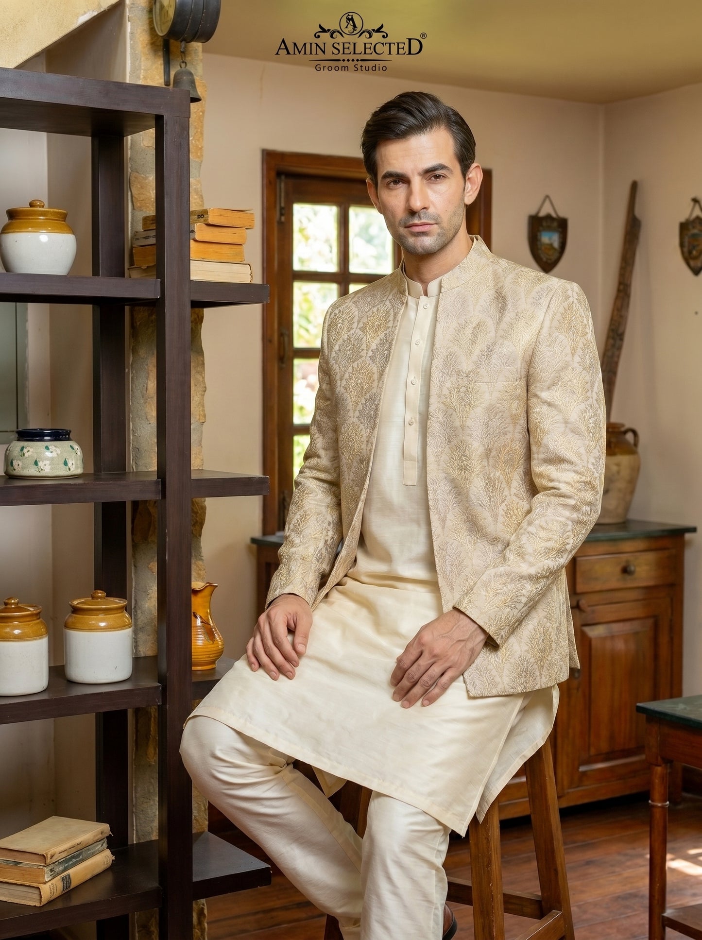 Ivory Raw Silk Botanical Embroidered Open-Front Prince Coat | Gold & Silver Thread | Walima Barat Groom Wear | Amin Selected - Amin Selected