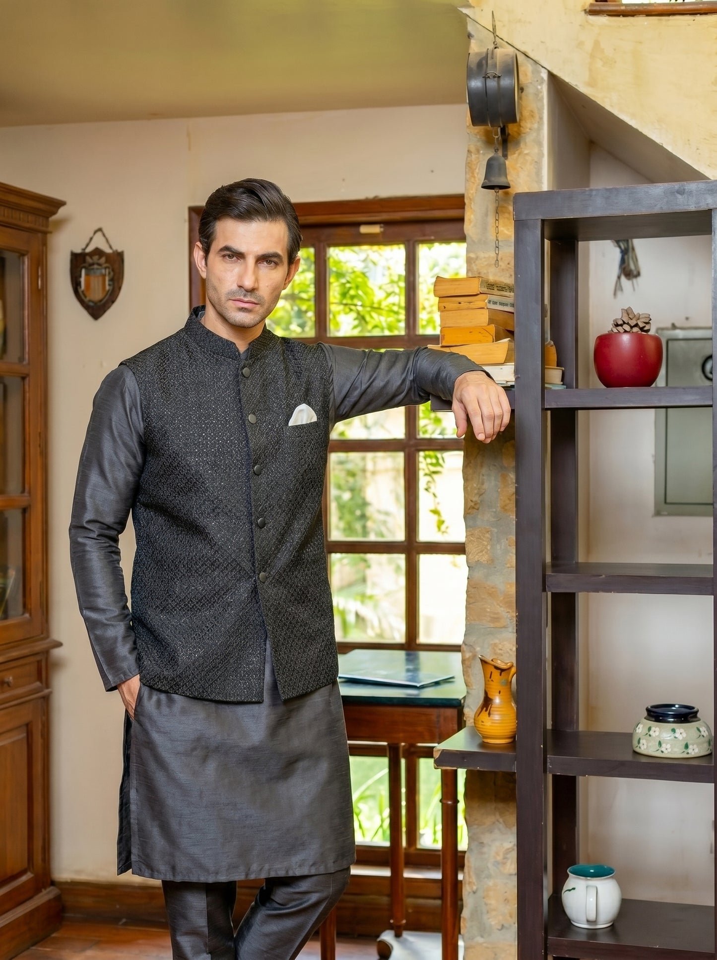 Charcoal Grey Raw Silk Diamond Weave Waistcoat | Versatile Barat & Festive Groom Wear | Amin Selected