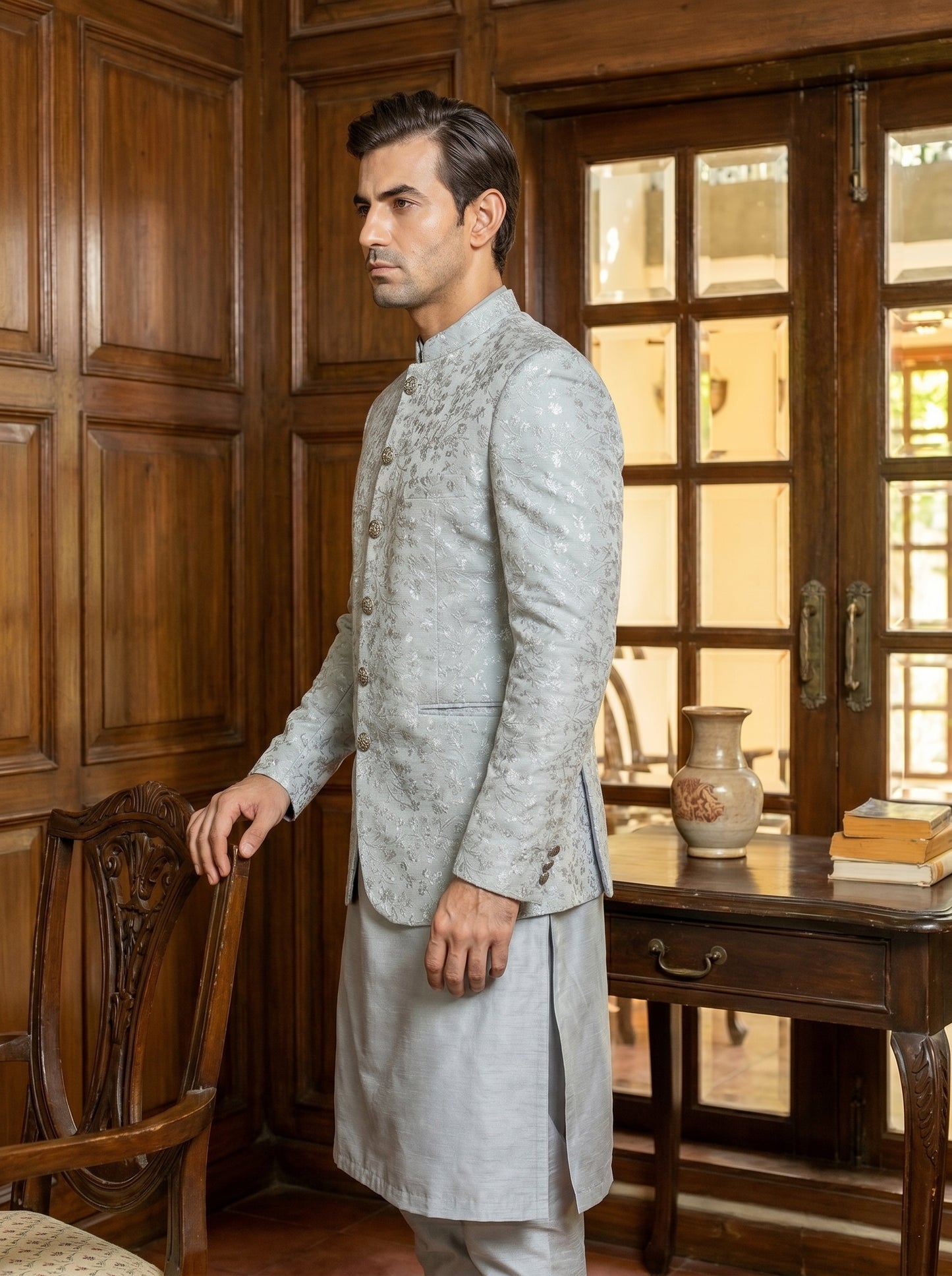 Ice Grey Jamawar Embroidered Prince Coat | Barat & Reception Groom Wear | Amin Selected - Amin Selected