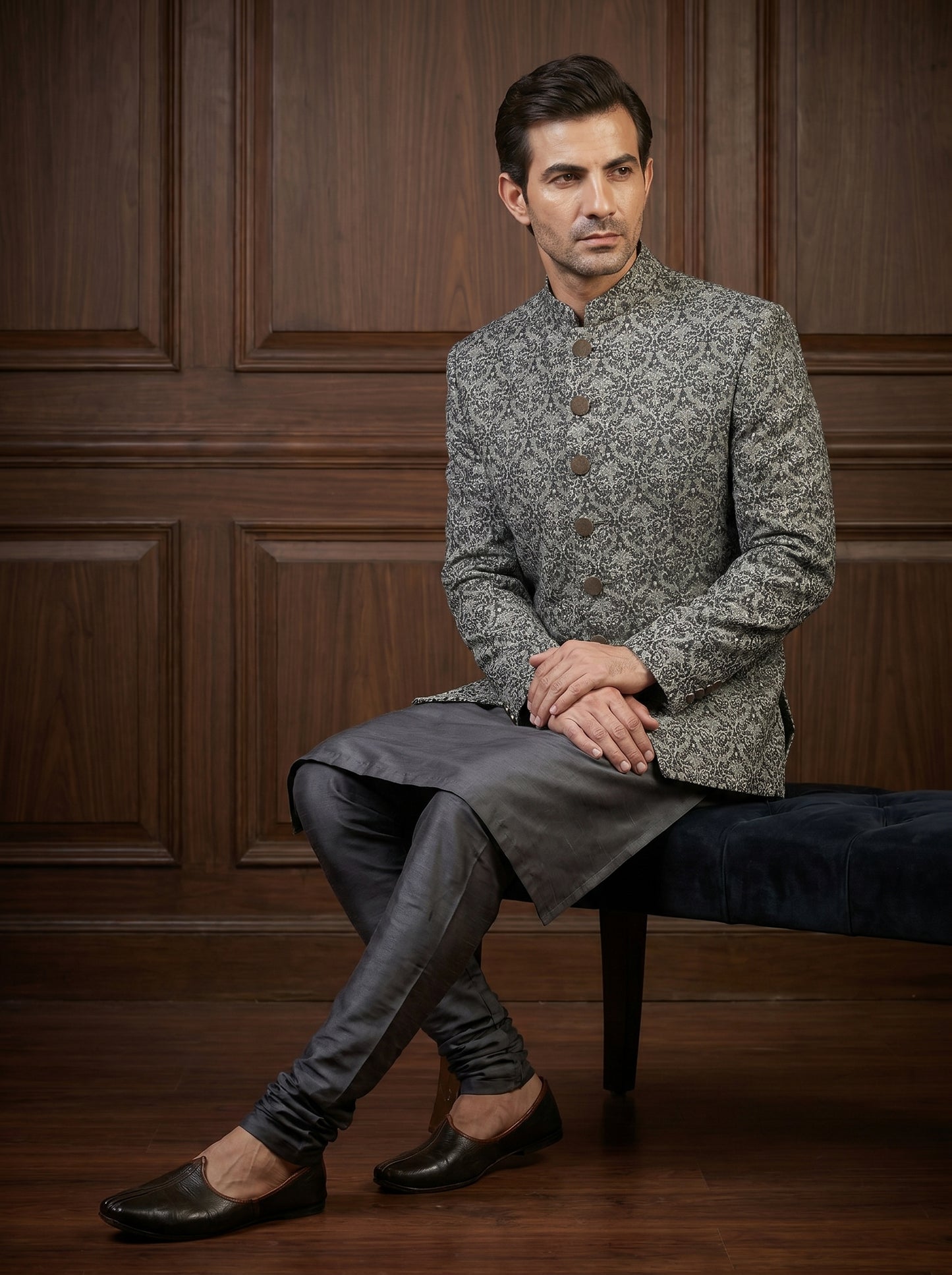 Charcoal Ivory Embossed Jamawar Prince Coat | Royal Barat Groom Wear | Amin Selected - Amin Selected