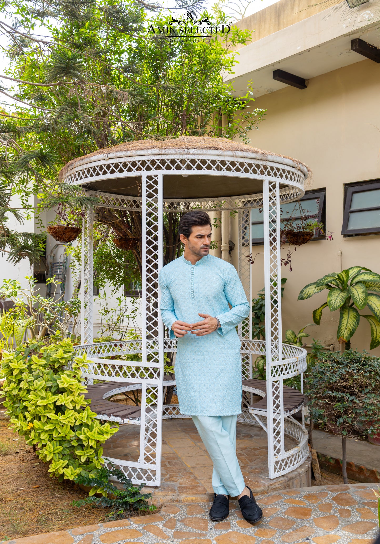 AK-02 SKY BLUE EMBROIDERED KURTA PAJAMA - Amin Selected