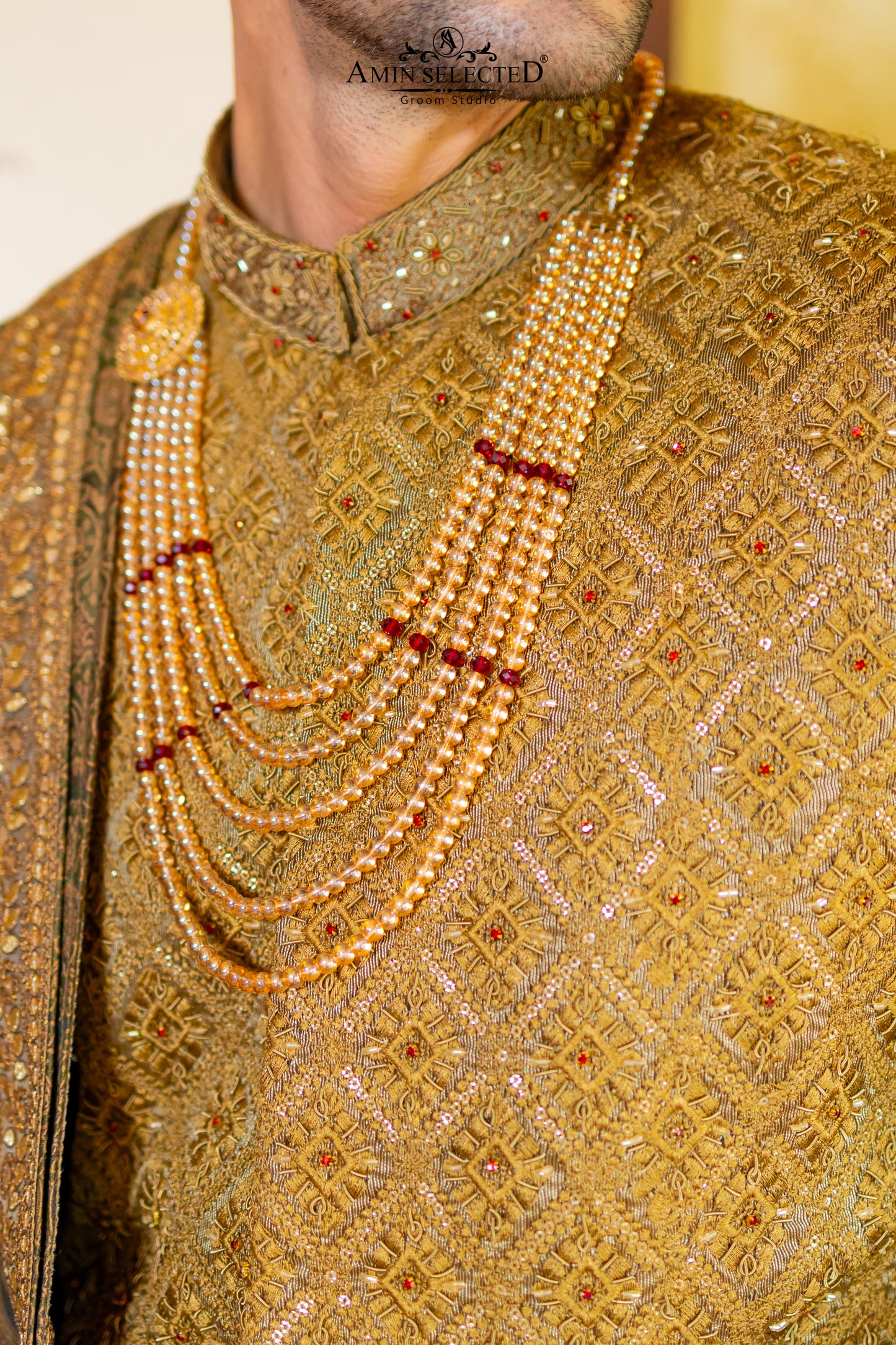 Antique Gold Royal Sherwani Set with Embroidered Shawl & Turban | Complete Groom Look - Amin Selected