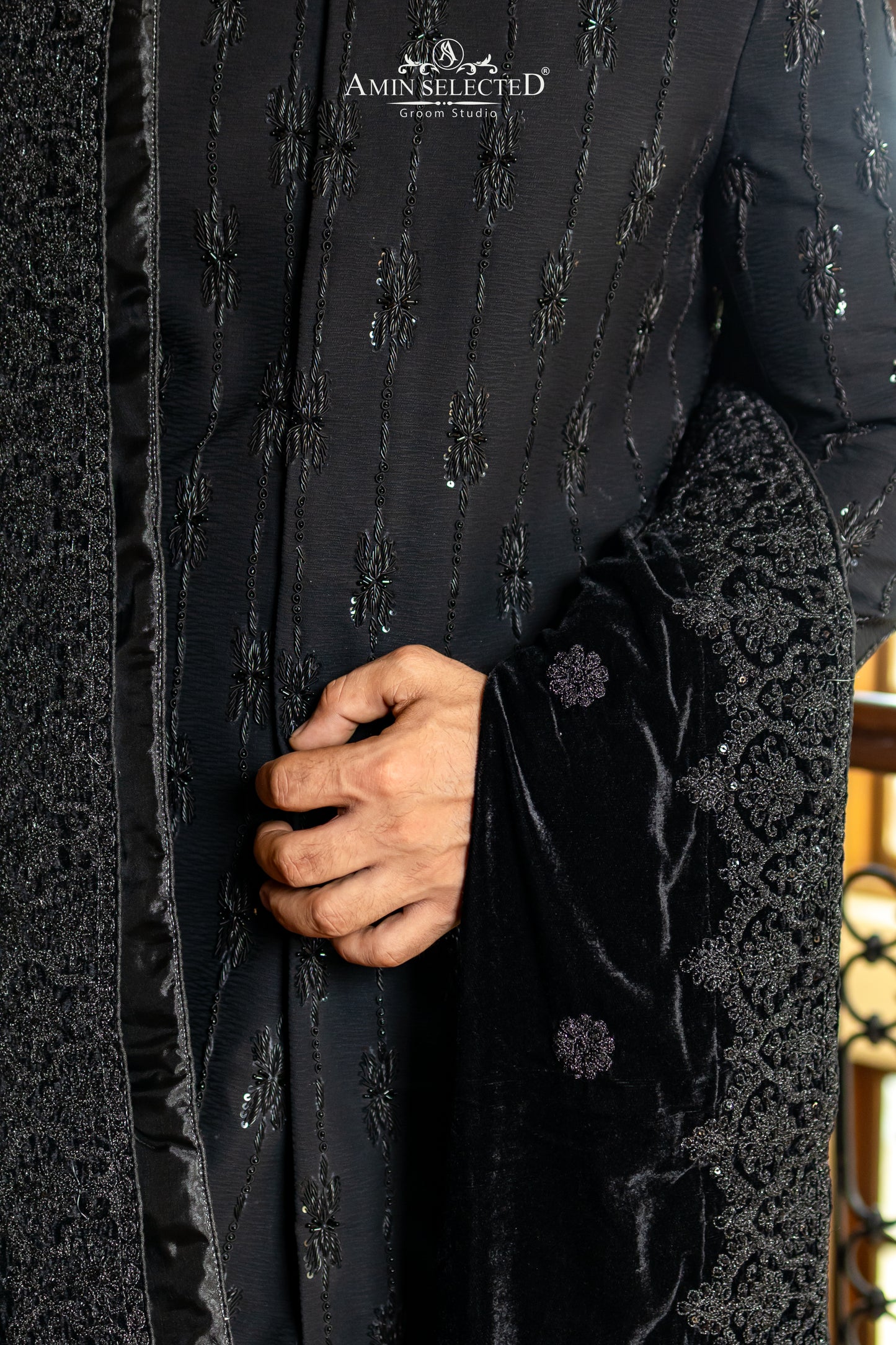 Midnight Black Sequin Sherwani with Embroidered Velvet Shawl | Luxury Winter Groom Set - Amin Selected