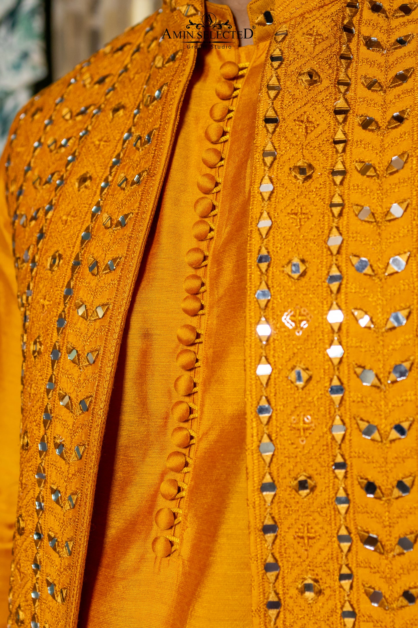 Mango Yellow Mirror Work Waistcoat with Raw Silk Kurta | Mehndi Festive Set