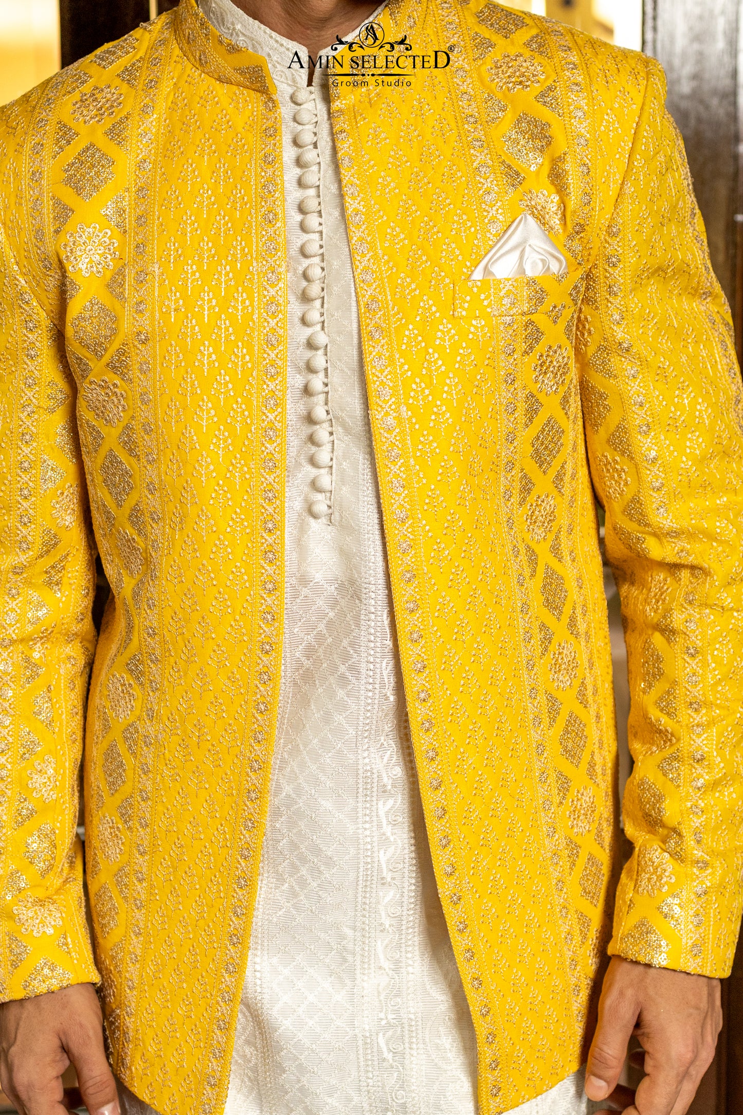 Sun-Glow Yellow Jamawar Prince Coat | Luxury Mehndi & Festive Wear - Amin Selected