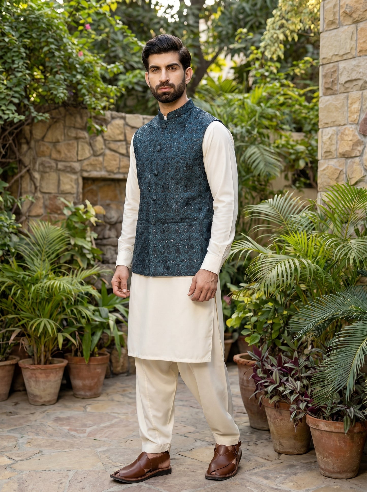 Petrol Teal Jamawar Arabesque Embroidered Waistcoat with Crystal Sequins | Barat & Mehndi Groom Wear | Amin Selected