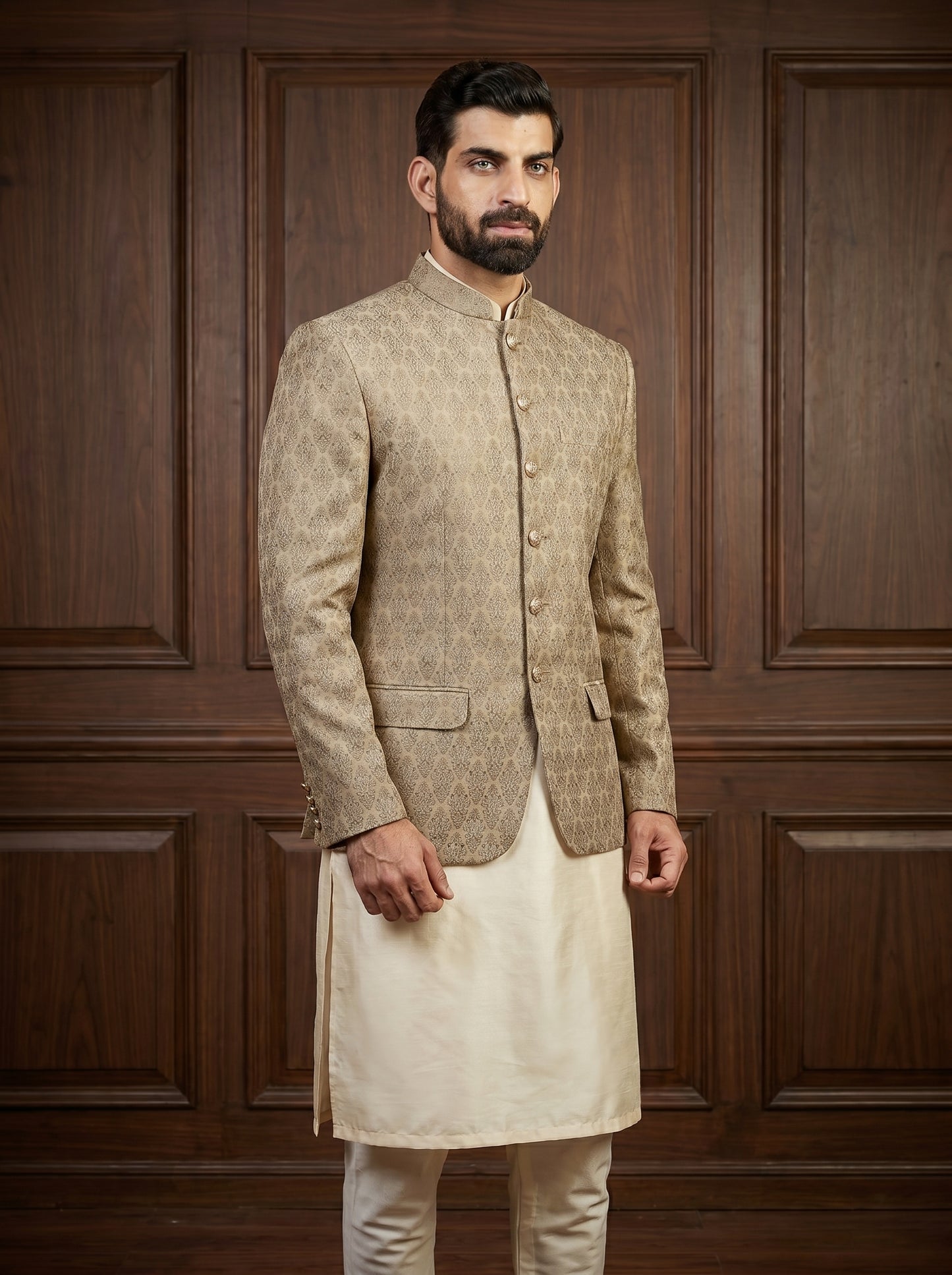 Champagne Gold Jamawar Prince Coat with Engraved Coin Buttons & Flap Pockets | Walima Groom Wear | Amin Selected - Amin Selected