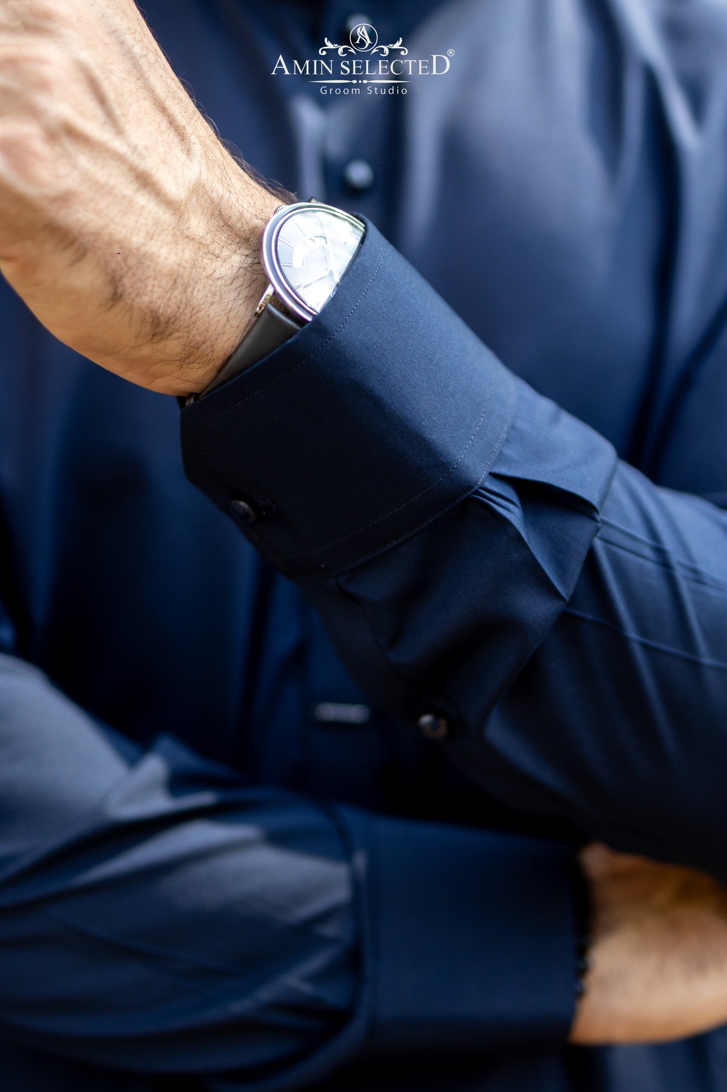 Premium Navy Blue Kurta Trouser Set with Signature Metal Accent - Amin Selected