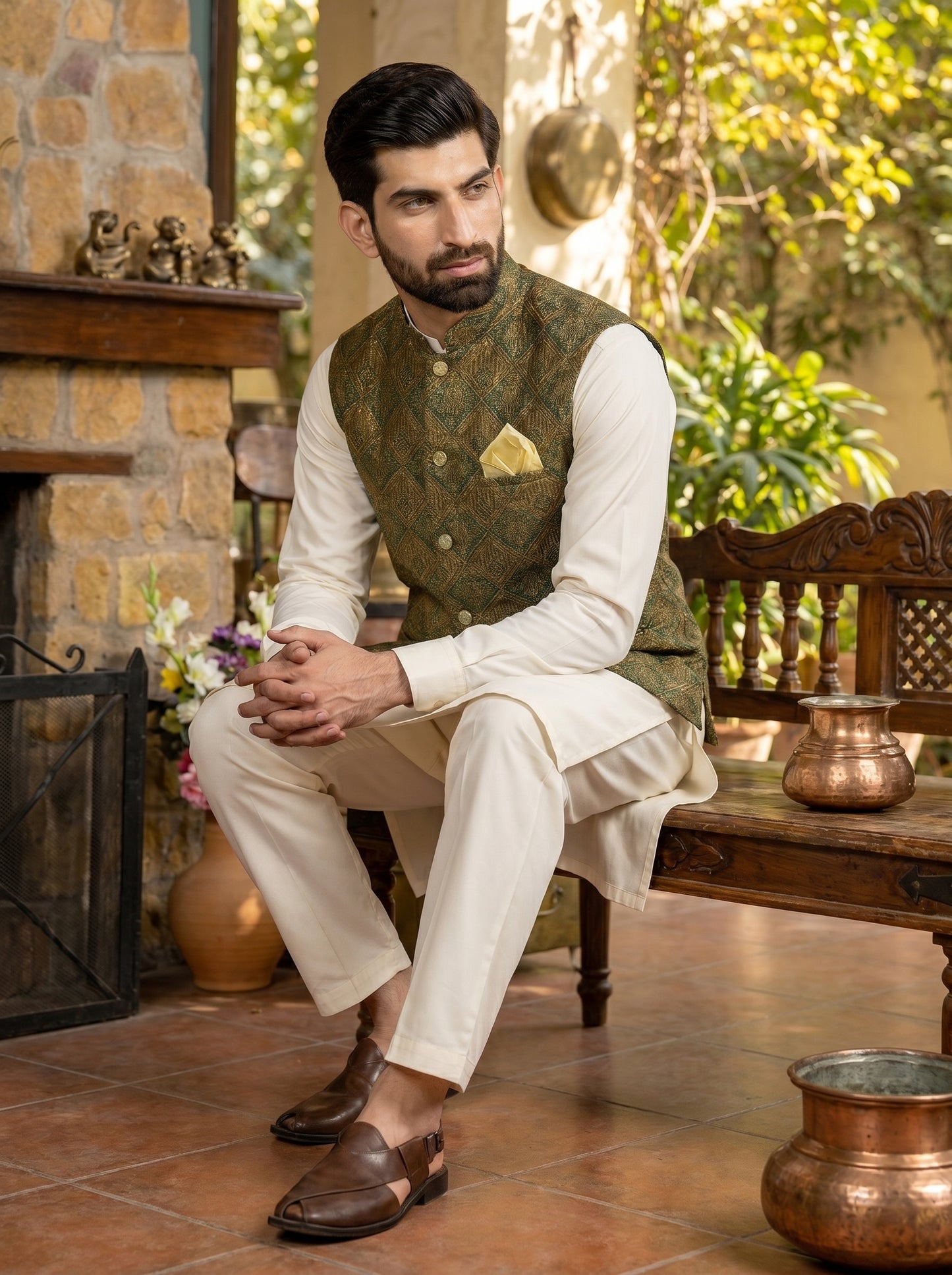 Bottle Green Gold Diamond Lattice Embroidered Raw Silk Waistcoat | Barat & Walima Groom Wear | Amin Selected