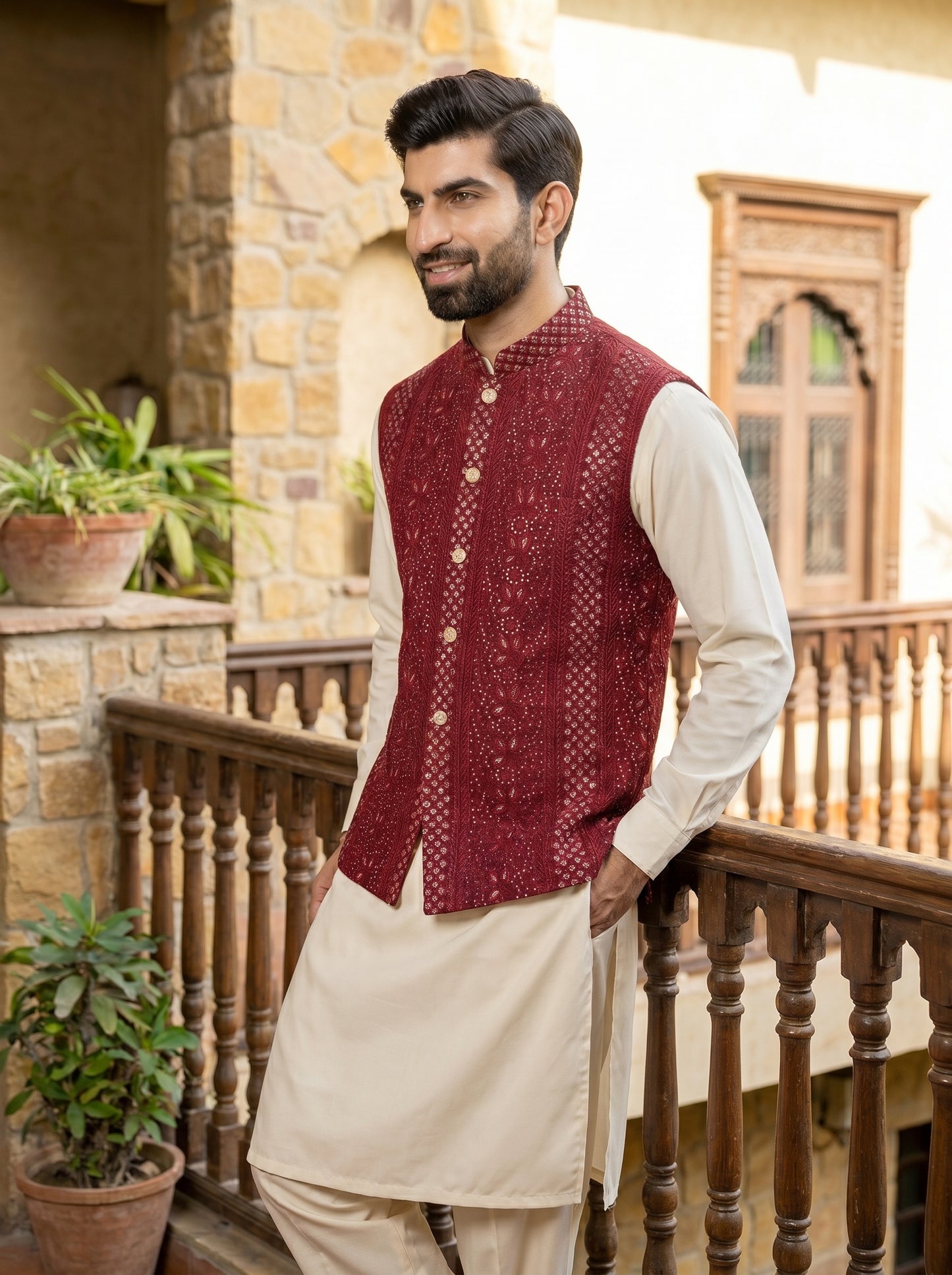 Maroon Raw Silk Silver Sequin Striped Embroidered Waistcoat | Barat & Reception Groom Wear | Amin Selected