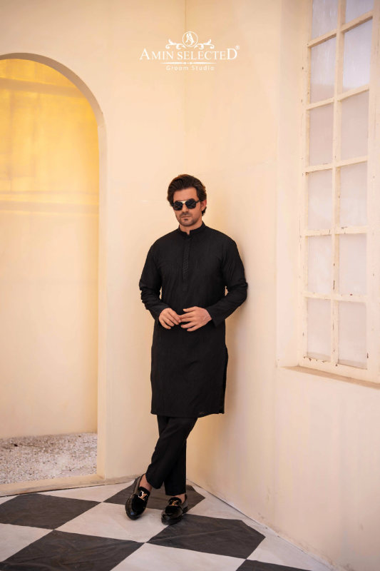 Black Embroidered Kurta Pajama - Amin Selected