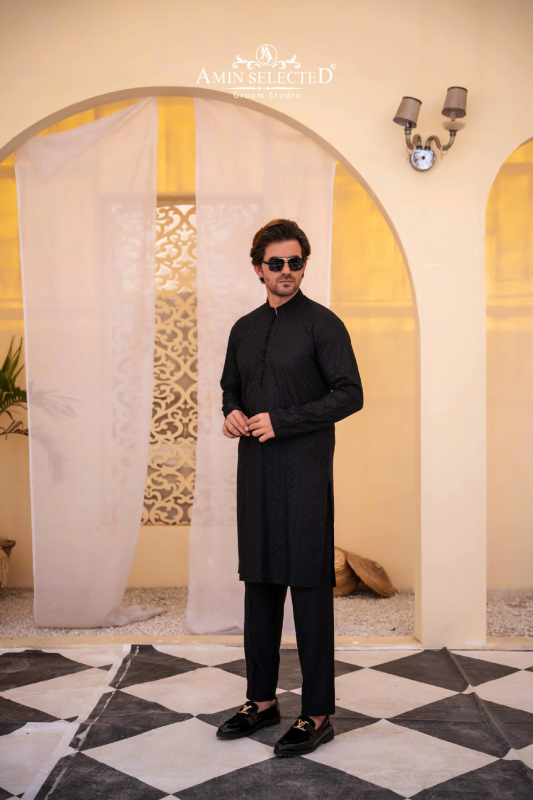 Black ChikanKari Kurta Pajama - Amin Selected