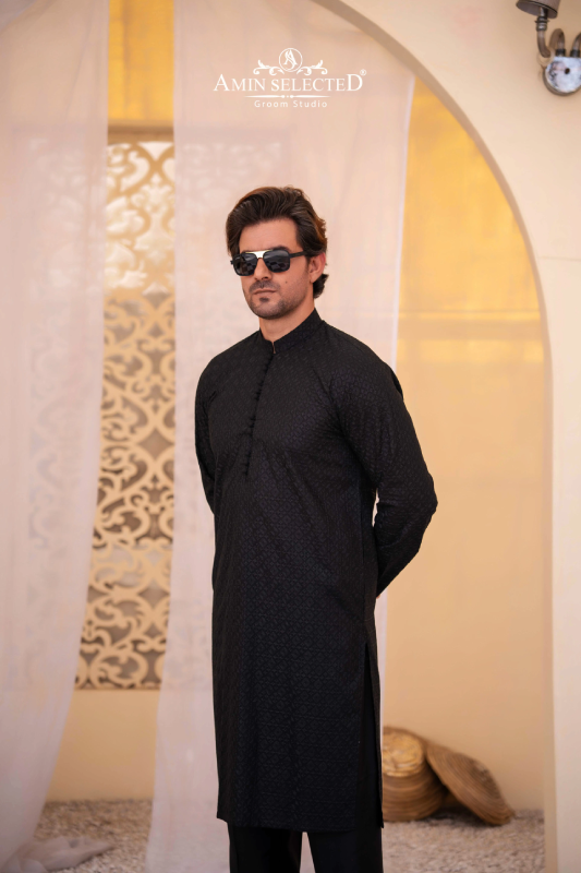 Black ChikanKari Kurta Pajama - Amin Selected