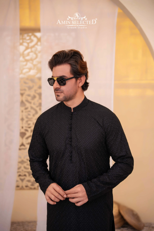 Black ChikanKari Kurta Pajama - Amin Selected