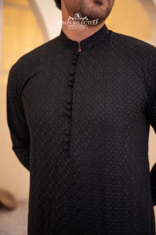 Black ChikanKari Kurta Pajama - Amin Selected