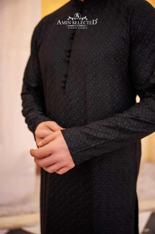 Black ChikanKari Kurta Pajama - Amin Selected