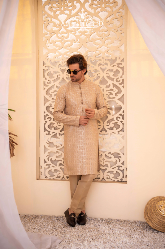 Beige Embroidered Kurta Pajama - Amin Selected