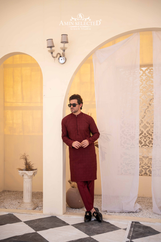 Maroon Embroidered Kurta Pajama - Amin Selected