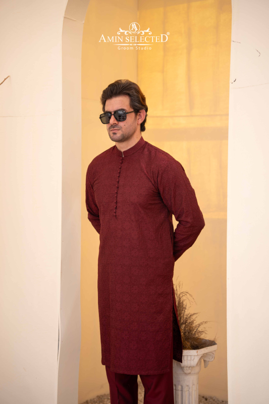 Maroon Embroidered Kurta Pajama - Amin Selected