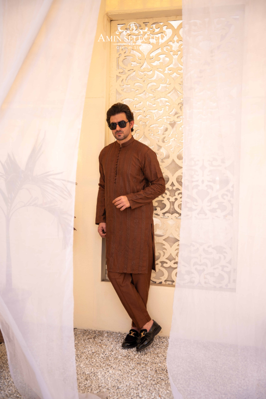 Brown Embroidered Kurta Pajama - Amin Selected