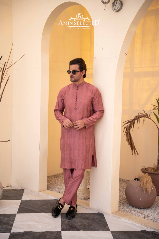 Tea Pink Embroidered Kurta Pajama - Amin Selected