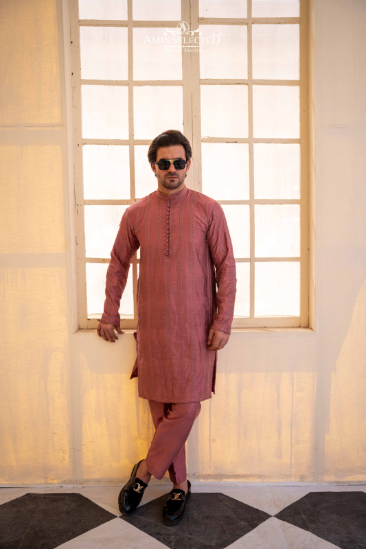 Tea Pink Embroidered Kurta Pajama - Amin Selected