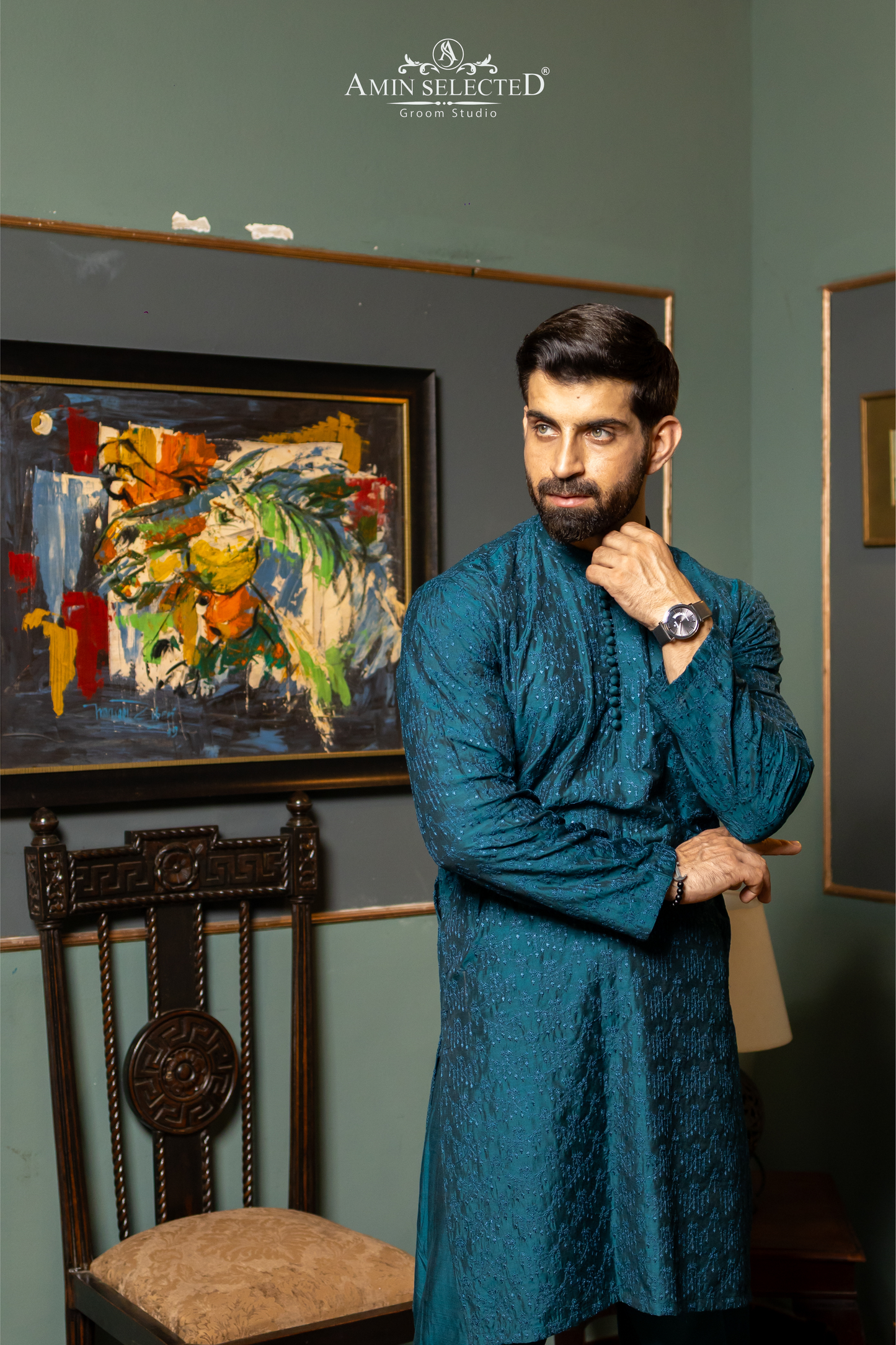 GH 03 PEACOCK BLUE EMBROIDERED KURTA PAJAMA - Amin Selected 