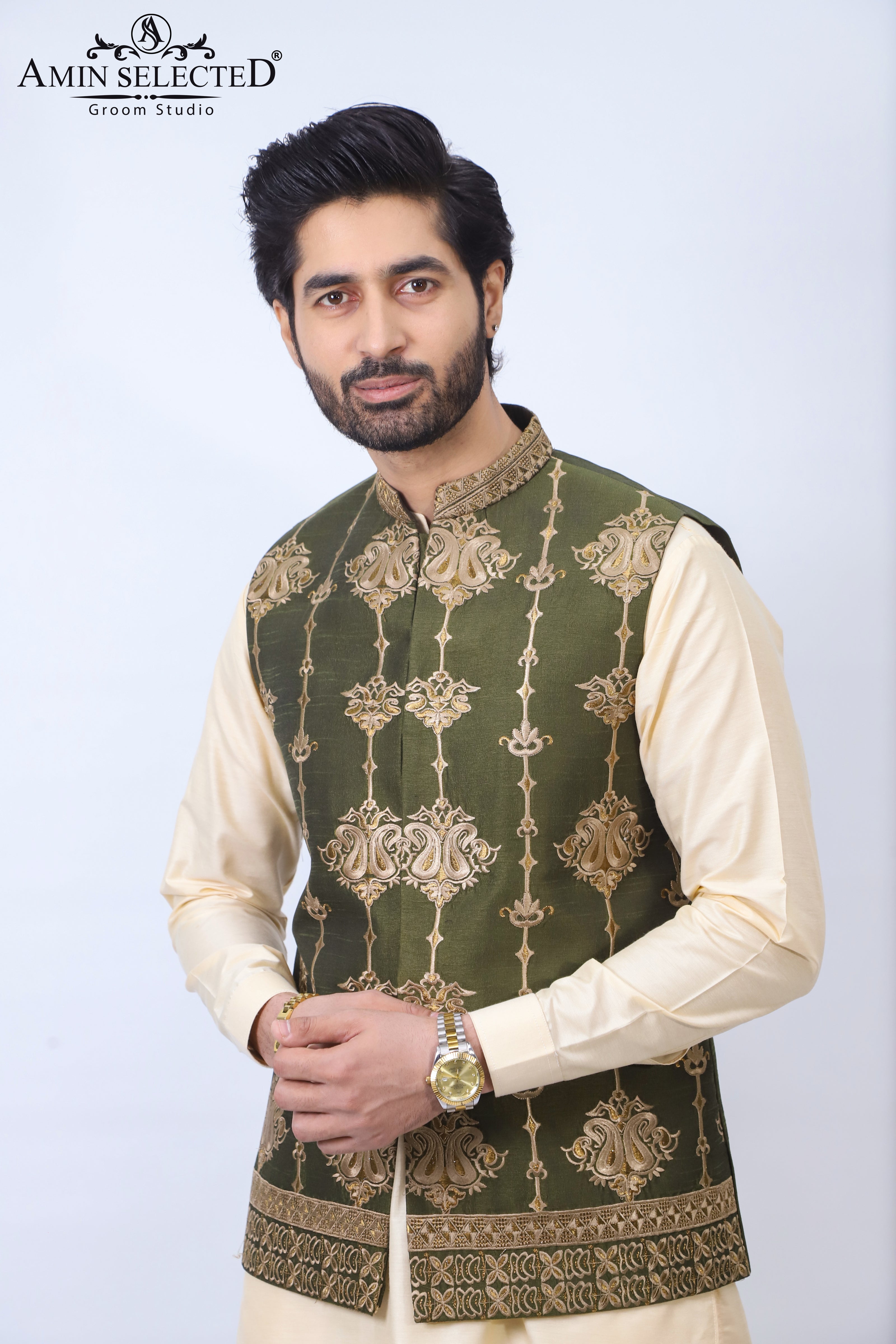Embellished ban green jaquard waistcoat - Amin Selected 