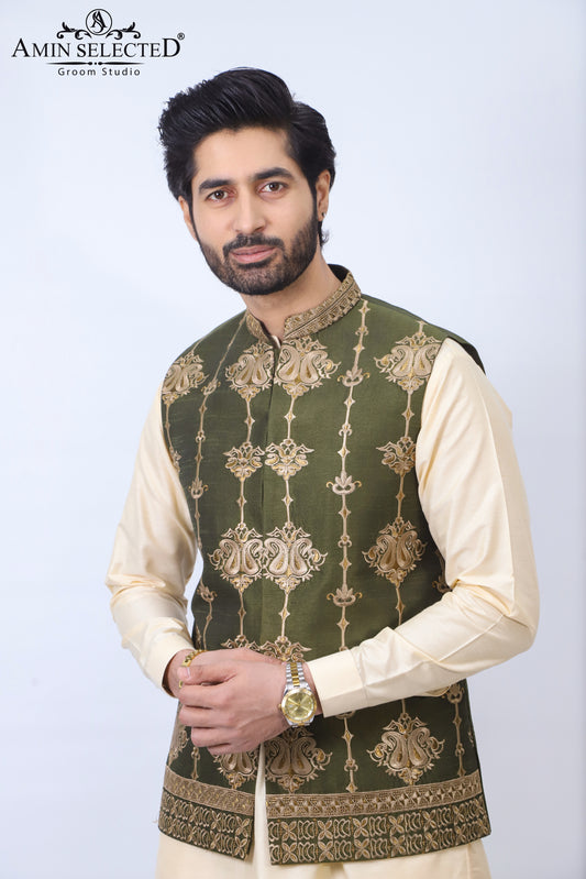 Embellished ban green jaquard waistcoat - Amin Selected 