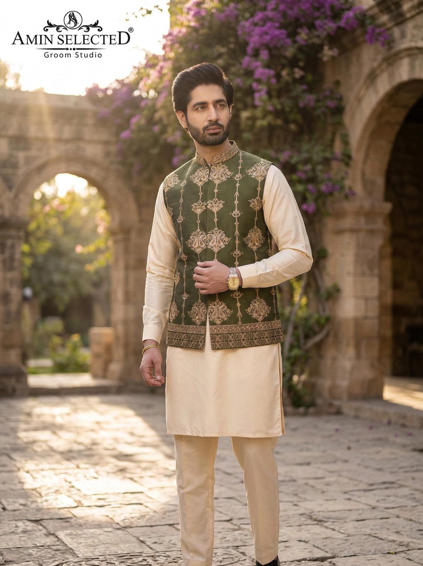 Embellished ban green jaquard waistcoat - Amin Selected 