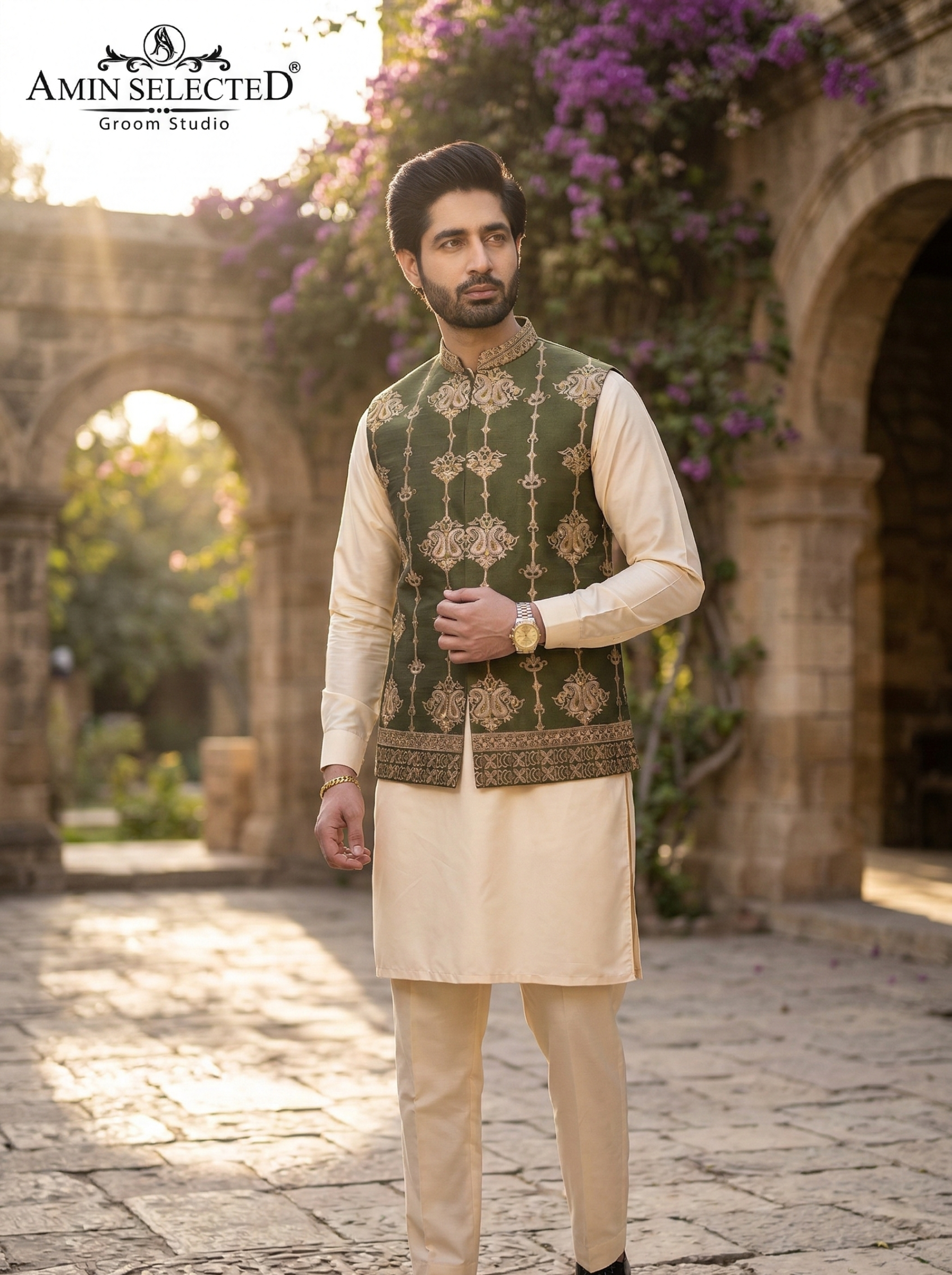 Embellished ban green jaquard waistcoat - Amin Selected 