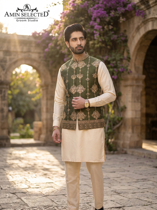 Embellished ban green jaquard waistcoat - Amin Selected 
