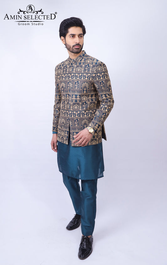 Blue Emroidered  Prince Coat - Amin Selected 