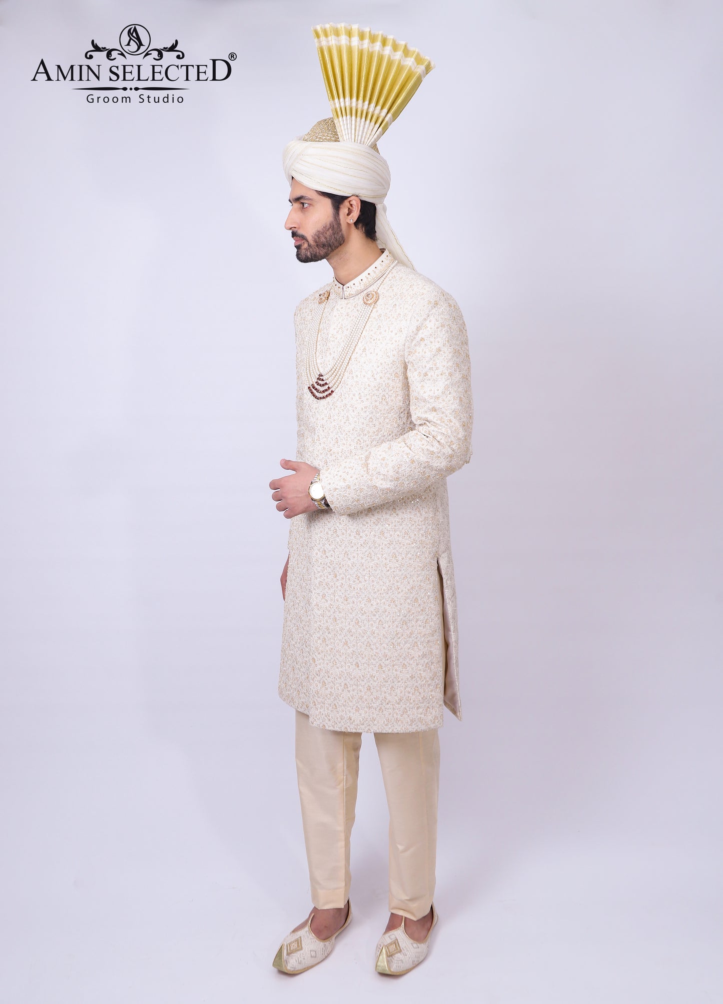 Premium Hand Work Golden Traditional Sherwani - Amin Selected 