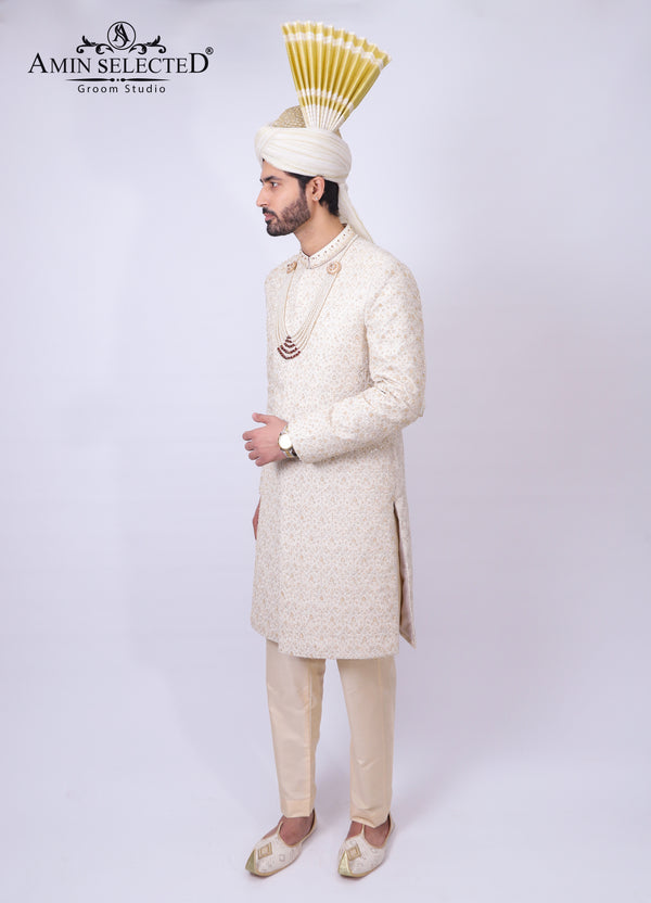 Premium Hand Work Golden Traditional Sherwani - Amin Selected 