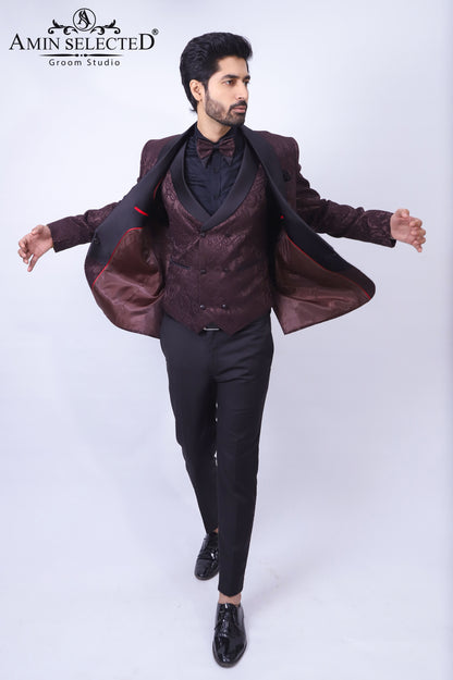 Maroon Tuxedos Embossed 3 Piece Suit - Amin Selected 