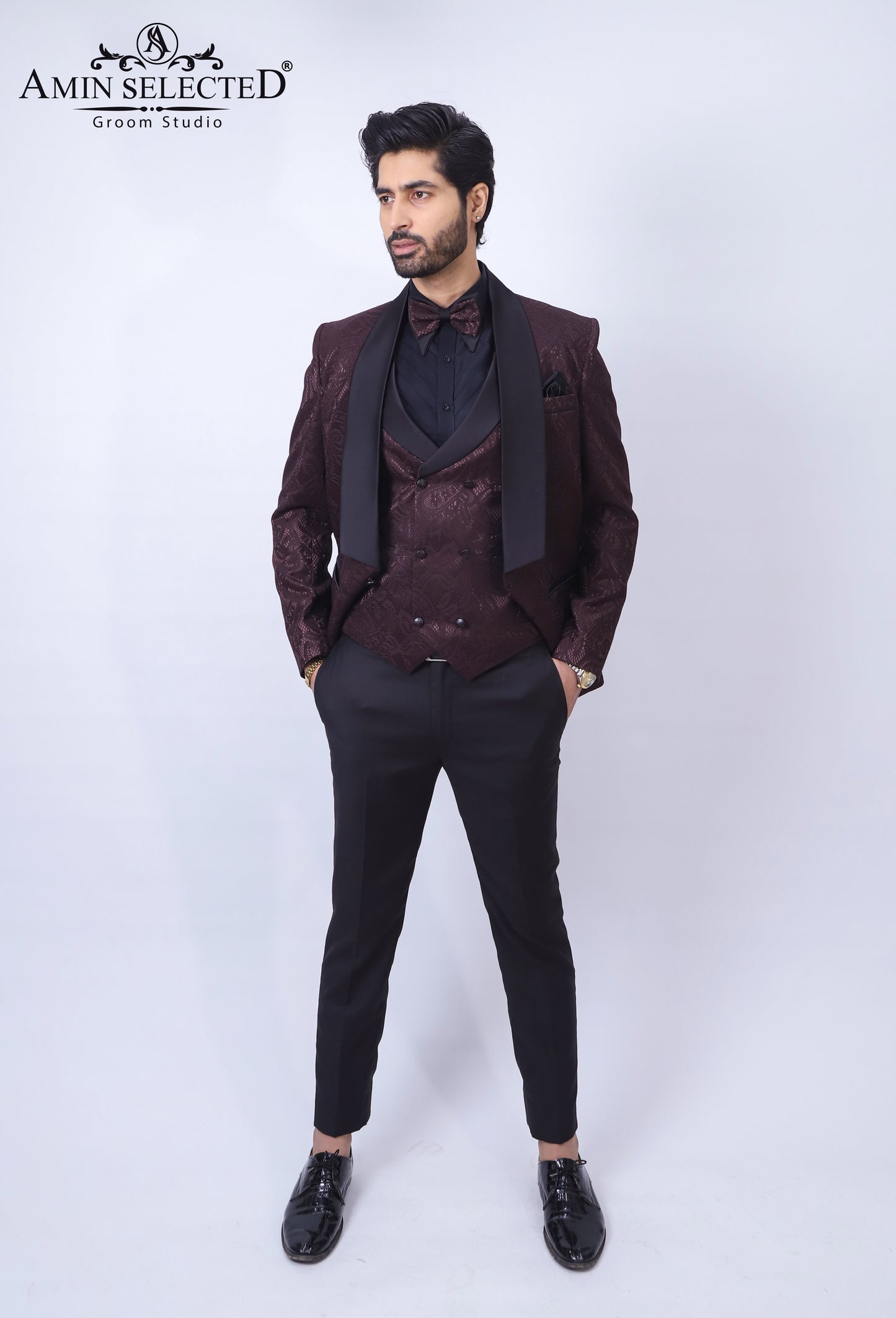 Maroon Tuxedos Embossed 3 Piece Suit - Amin Selected 