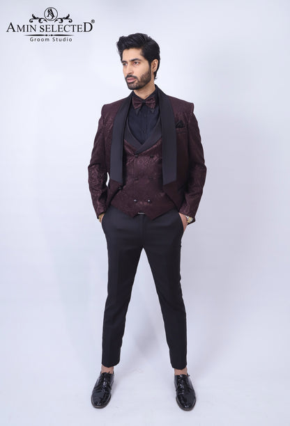 Maroon Tuxedos Embossed 3 Piece Suit - Amin Selected 