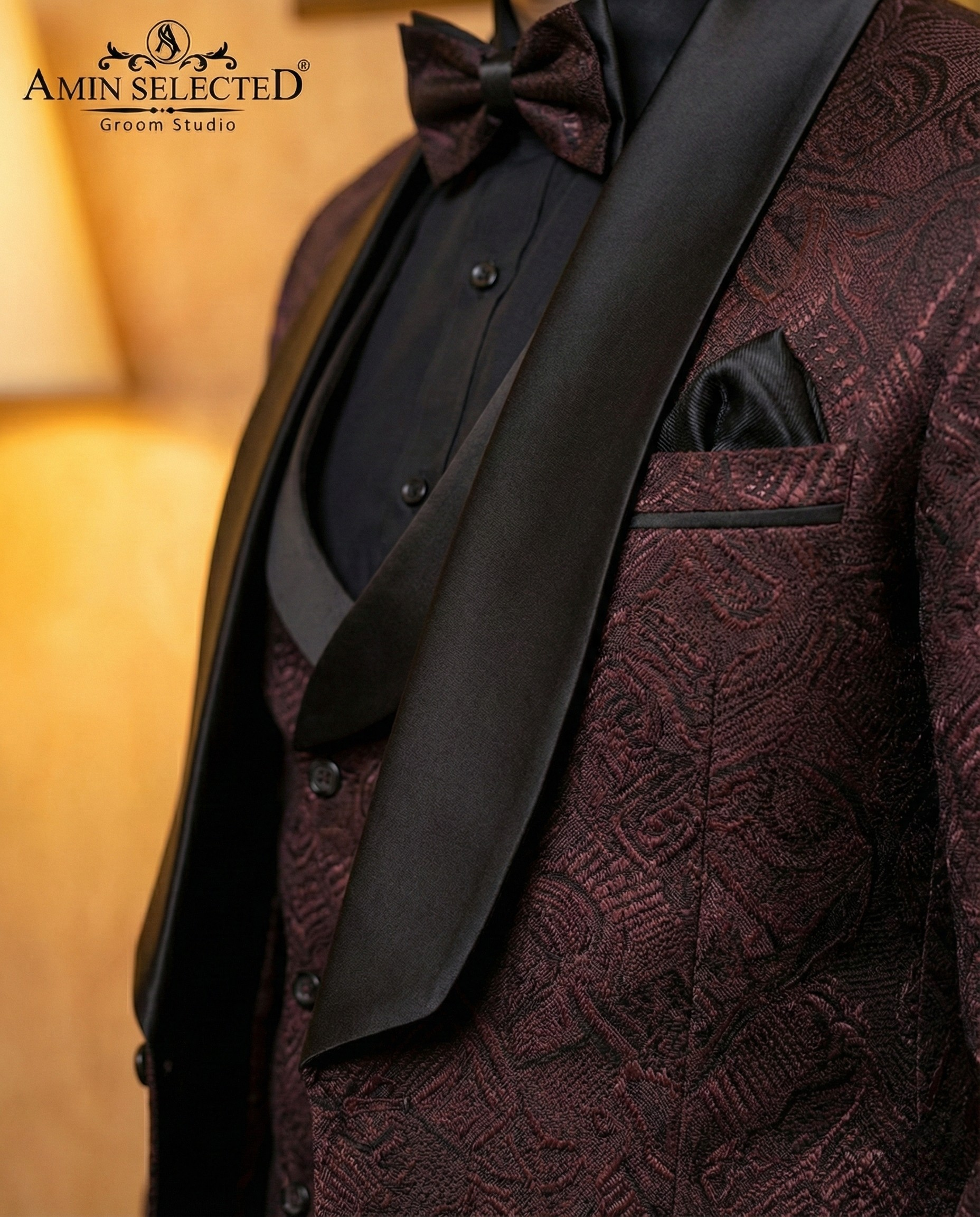 Maroon Tuxedos Embossed 3 Piece Suit - Amin Selected 