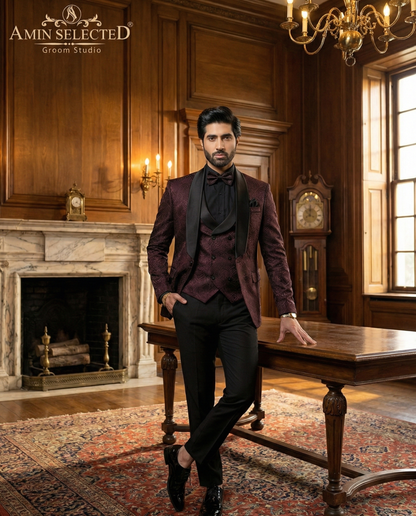 Maroon Tuxedos Embossed 3 Piece Suit - Amin Selected 