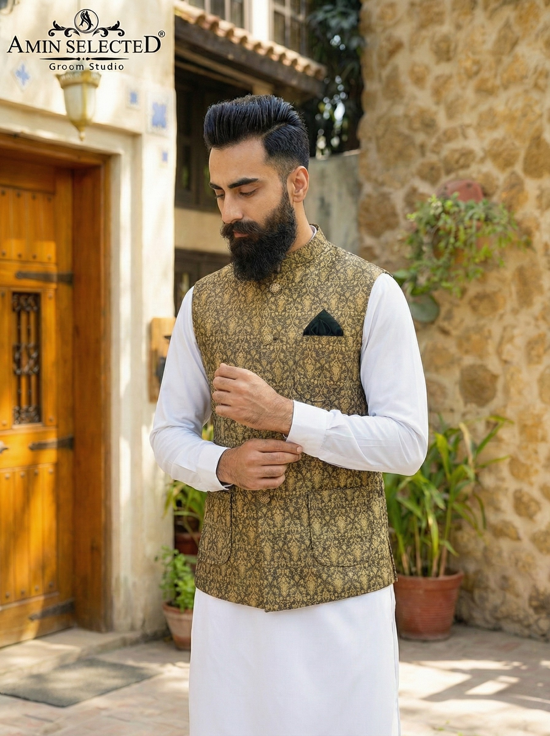 Brownish Golden Embroidered Waist Coat - Amin Selected 