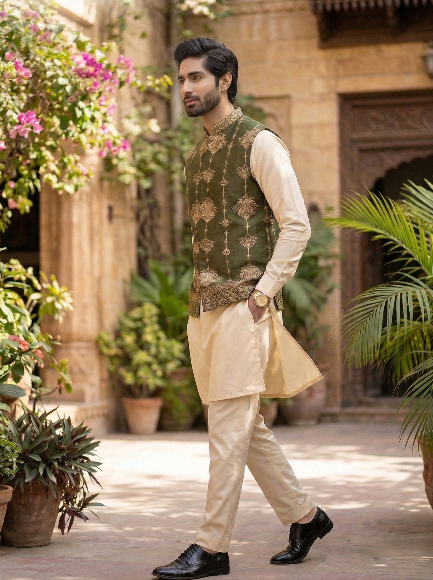 Embellished ban green jaquard waistcoat - Amin Selected 